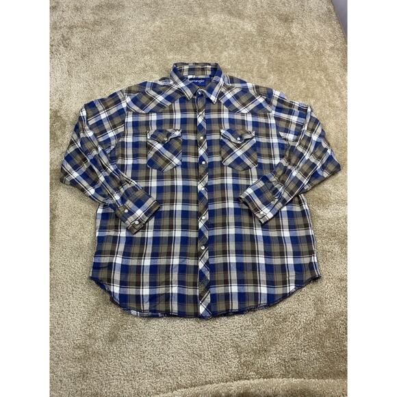 Wrangler Pearl Snap Men’s XL Blue Brown Plaid Long Sleeve 100% Cotton 751 - Picture 2 of 8
